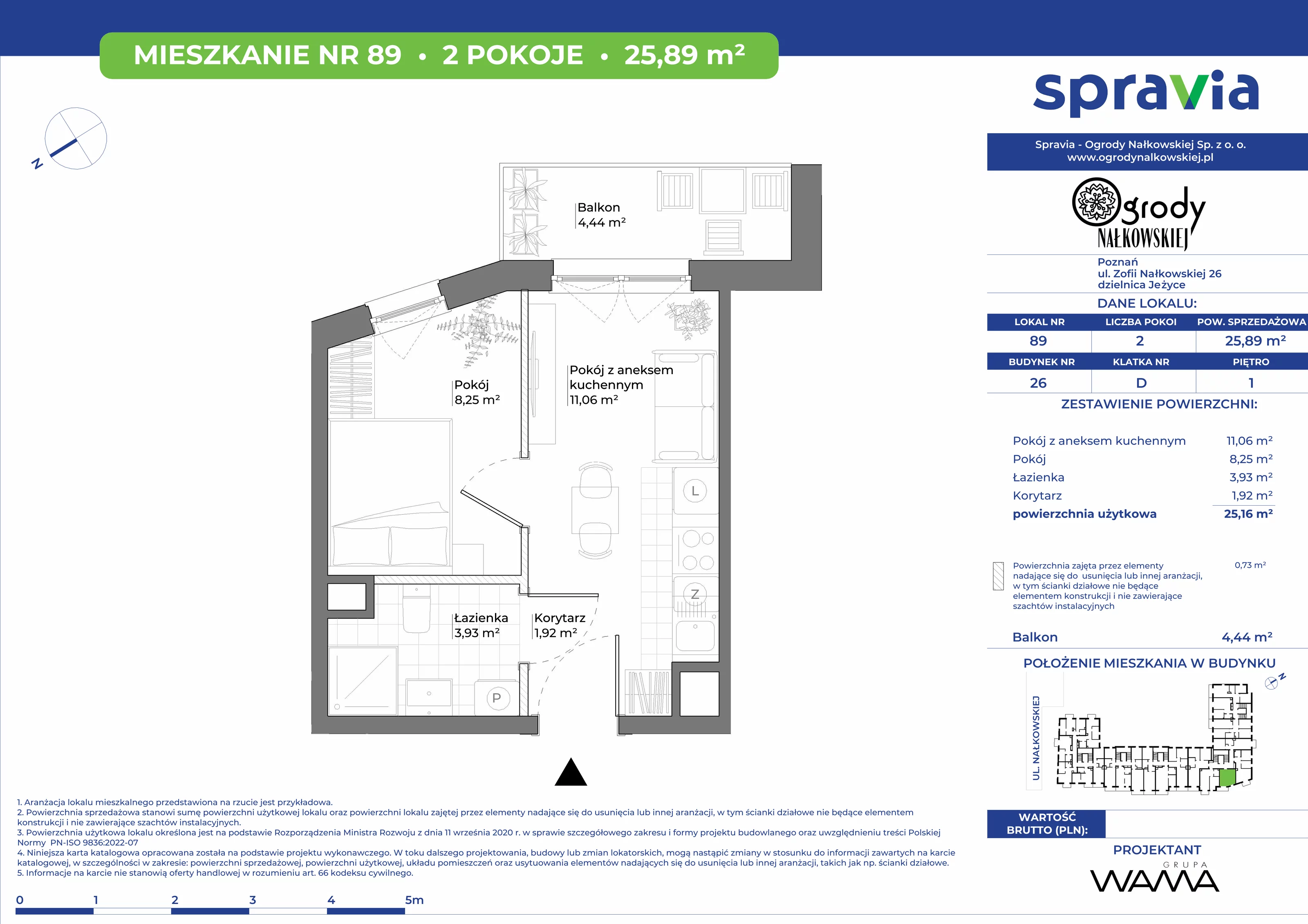 2 pokoje, mieszkanie 25,89 m², piętro 1, oferta nr 26-89, Ogrody Nałkowskiej, Poznań, Ogrody, ul. Nałkowskiej 24, 26